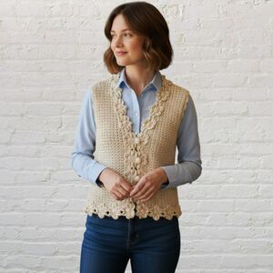 Croquet Club Vest Size L Vintage Crochet Silk Floral Trim Ivory Cream